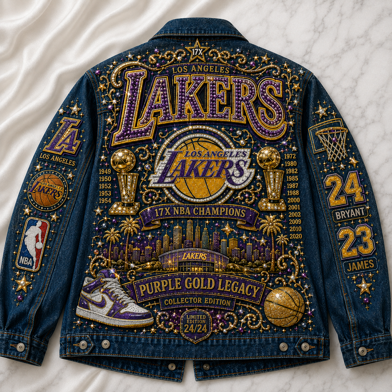 Premium Purple Gold Basketball Collector Denim Jacket – Limited Fan Edition PPG092